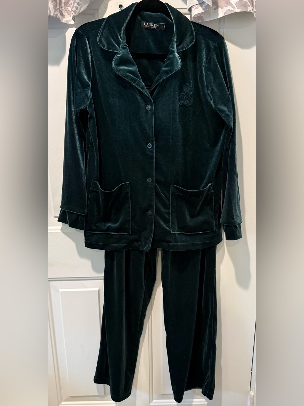 Lauren Ralph Lauren Emerald Green Velvet Long Sleeve Top & Pants PJ Set Sz S